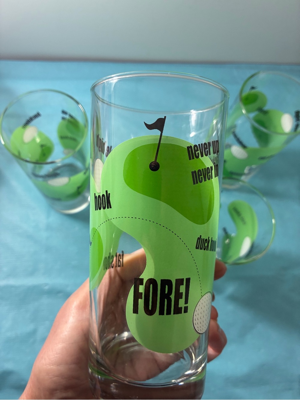 Golf-Themed Green Glass Tumblers - Set of 4